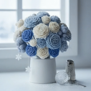 Handmade candle flower bouquet with blue and white wax flowers arranged in a vase with a soft summer aesthetic