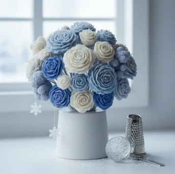 Handmade candle flower bouquet with blue and white wax flowers arranged in a vase with a soft summer aesthetic